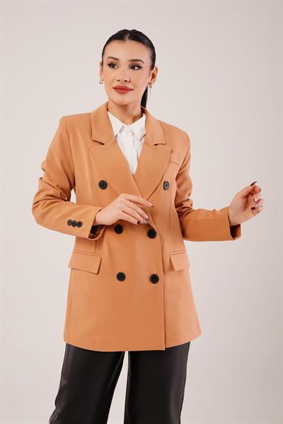 Kruvaze Düğmeli Camel Blazer Ceket