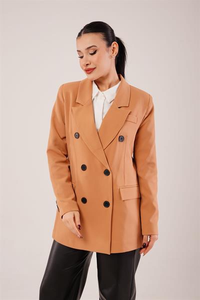 Kruvaze Düğmeli Camel Blazer Ceket