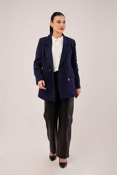 Kruvaze Düğmeli Lacivert Blazer Ceket
