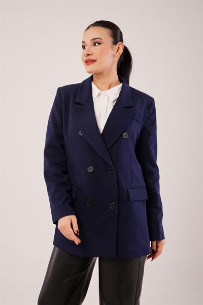 Kruvaze Düğmeli Lacivert Blazer Ceket