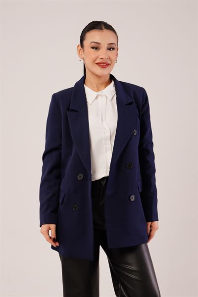 Kruvaze Düğmeli Lacivert Blazer Ceket