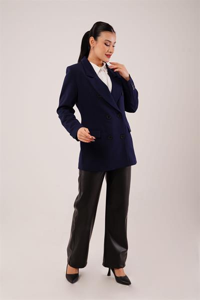 Kruvaze Düğmeli Lacivert Blazer Ceket