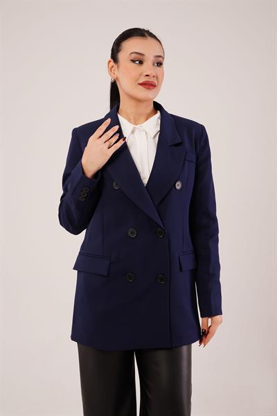 Kruvaze Düğmeli Lacivert Blazer Ceket