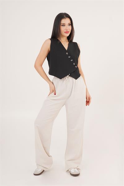 V Yaka Düğmeli Üçgen Kesim Siyah Yelek	