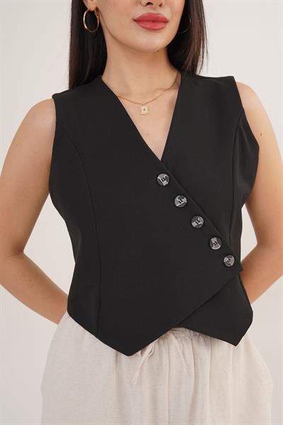 V Yaka Düğmeli Üçgen Kesim Siyah Yelek	