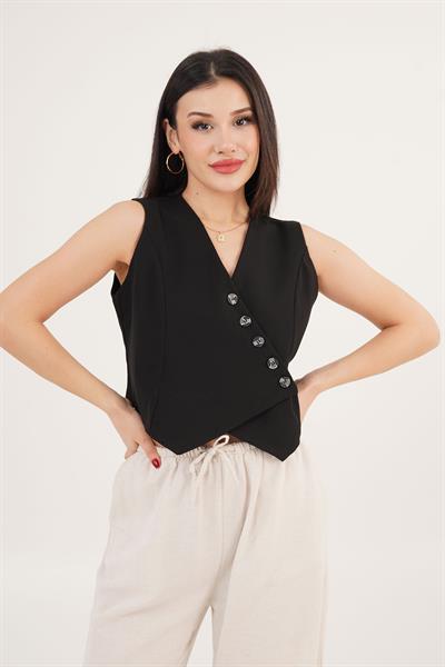 V Yaka Düğmeli Üçgen Kesim Siyah Yelek	