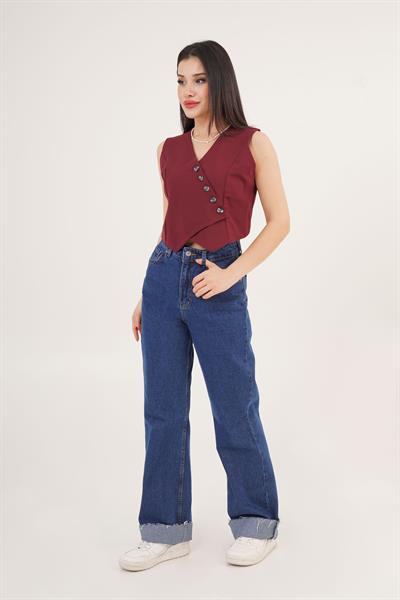 V Yaka Düğmeli Üçgen Kesim Bordo Yelek