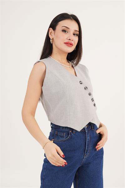 V Yaka Düğmeli Üçgen Kesim Gri Yelek