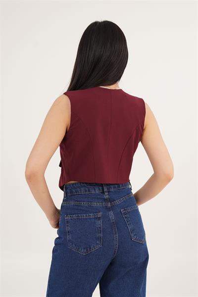 V Yaka Düğmeli Üçgen Kesim Bordo Yelek