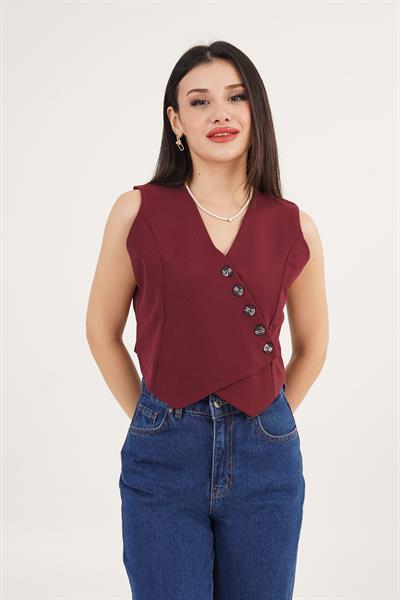 V Yaka Düğmeli Üçgen Kesim Bordo Yelek