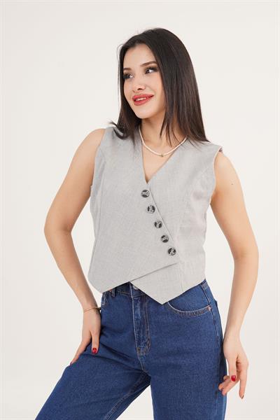 V Yaka Düğmeli Üçgen Kesim Gri Yelek