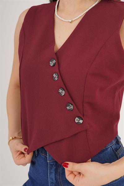 V Yaka Düğmeli Üçgen Kesim Bordo Yelek
