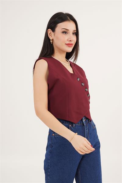 V Yaka Düğmeli Üçgen Kesim Bordo Yelek