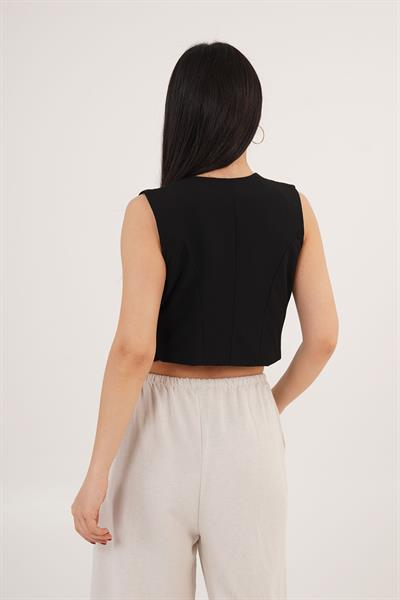 V Yaka Düğmeli Üçgen Kesim Siyah Yelek	