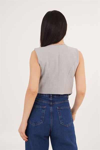 V Yaka Düğmeli Üçgen Kesim Gri Yelek