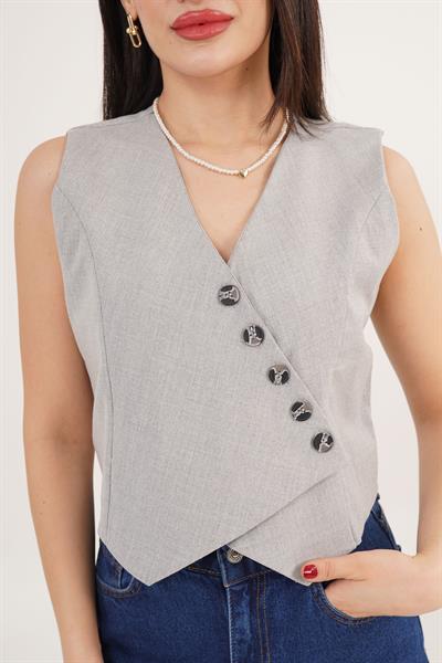 V Yaka Düğmeli Üçgen Kesim Gri Yelek