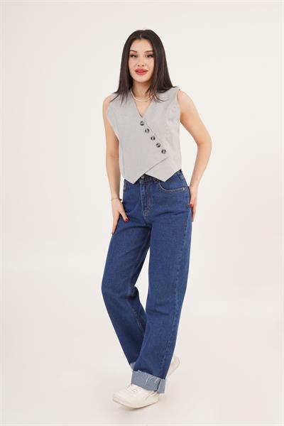 V Yaka Düğmeli Üçgen Kesim Gri Yelek