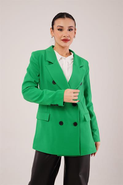 Kruvaze Düğmeli Yeşil Blazer Ceket