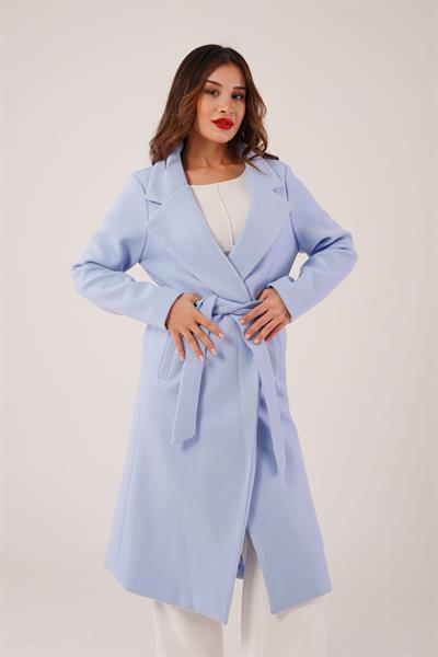 Kruvaze Yaka Kuşaklı Bebe Mavisi Kaşe Kaban