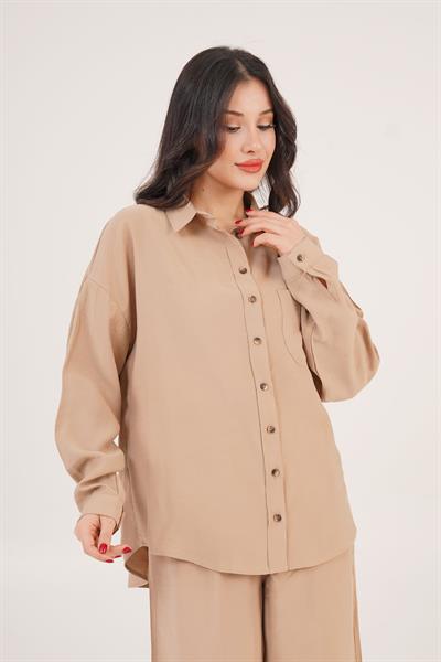 Salaş Model Düşük Omuz Tek Cepli Camel Gömlek	