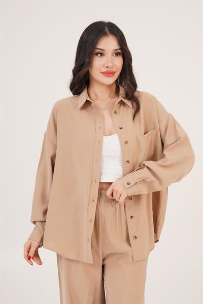 Salaş Model Düşük Omuz Tek Cepli Camel Gömlek	