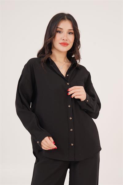 Salaş Model Düşük Omuz Tek Cepli Siyah Gömlek