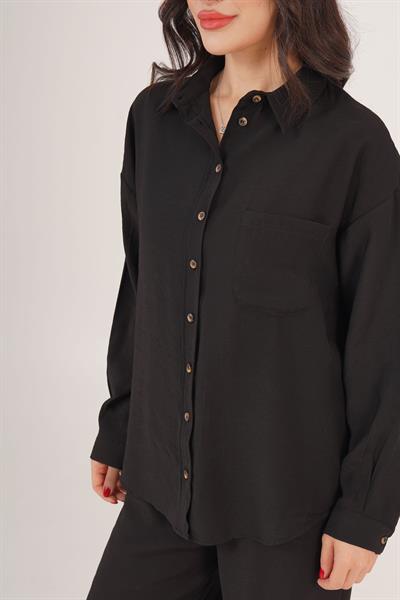 Salaş Model Düşük Omuz Tek Cepli Siyah Gömlek
