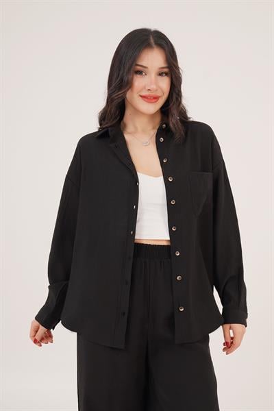 Salaş Model Düşük Omuz Tek Cepli Siyah Gömlek