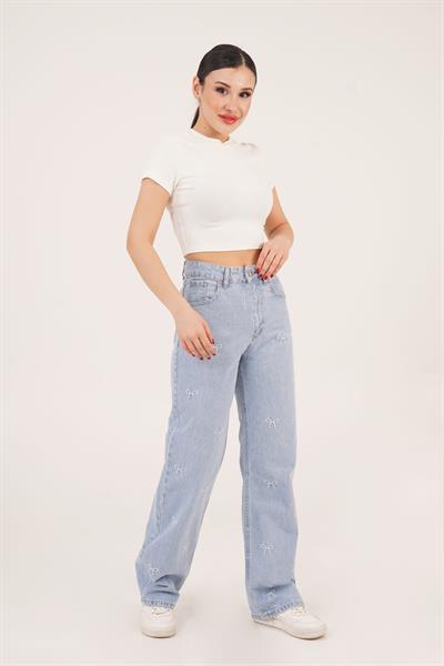 Kurdele Nakışlı Yüksek Bel Bol Paça Açık Mavi Jean