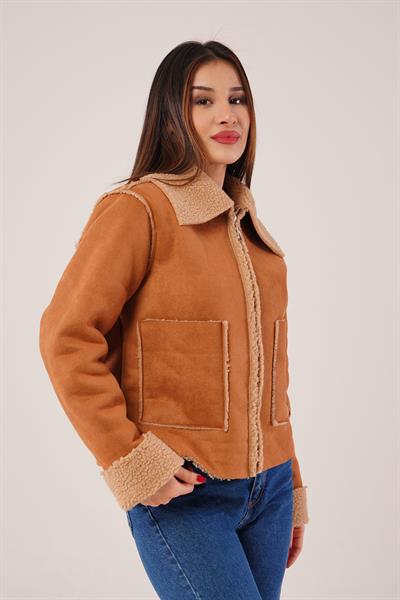 Kürk Detaylı Cepli Camel Mont Ceket