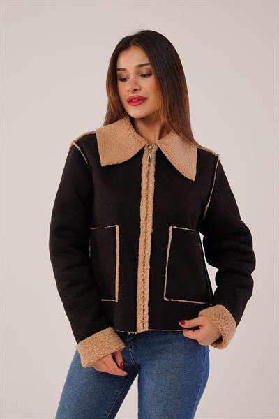 Kürk Detaylı Cepli Siyah Mont Ceket