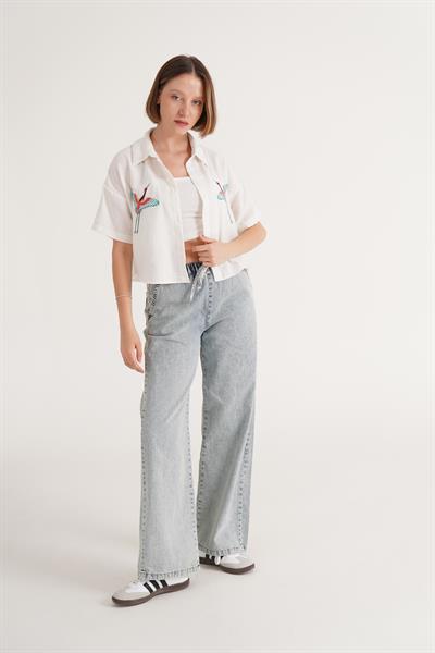 Kuş Nakışlı Kısa Kol Ekru Gömlek