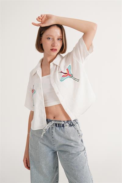 Kuş Nakışlı Kısa Kol Ekru Gömlek