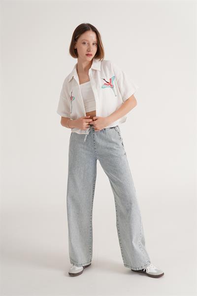 Kuş Nakışlı Kısa Kol Ekru Gömlek