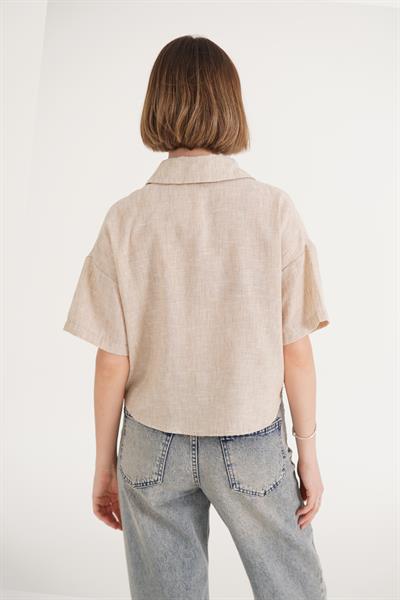 Kuş Nakışlı Kısa Kol Vizon Gömlek