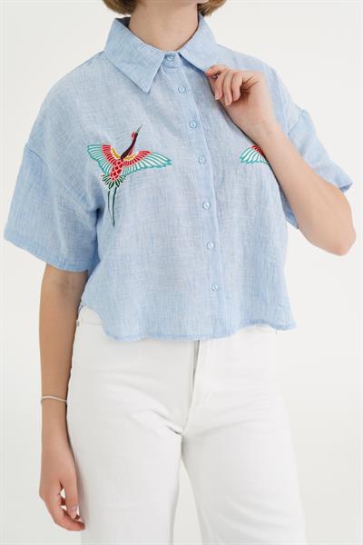 Kuş Nakışlı Kısa Kol Mavi Gömlek