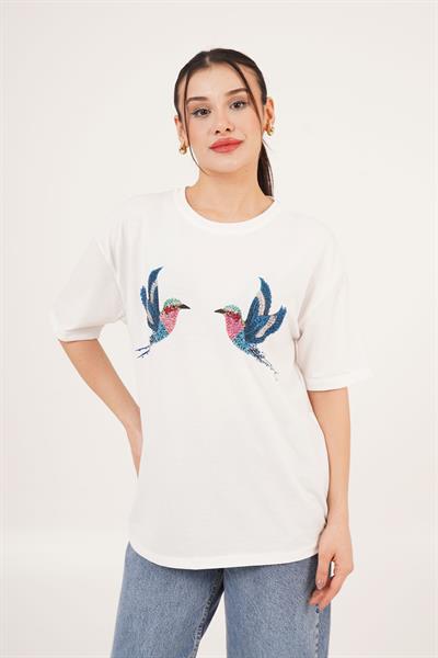 Kuş Nakışlı ve Taş Detaylı Basic Beyaz Tişört