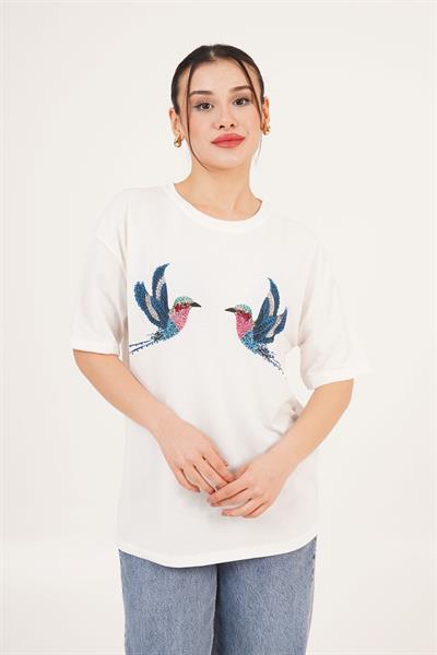Kuş Nakışlı ve Taş Detaylı Basic Beyaz Tişört