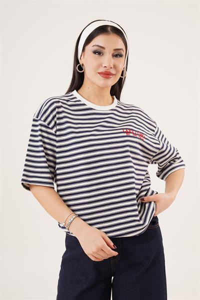 Lake Como Nakışlı Yazılı Çizgili Tişört