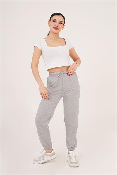 Lastik Paça Belden Bağlamalı Jogger Kesim Gri Eşofman