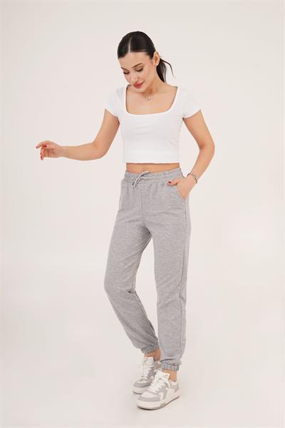 Lastik Paça Belden Bağlamalı Jogger Kesim Gri Eşofman
