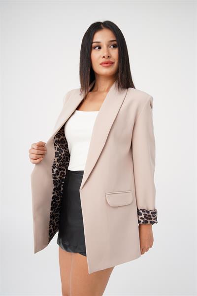 Leopar Astarlı Bej Blazer Ceket