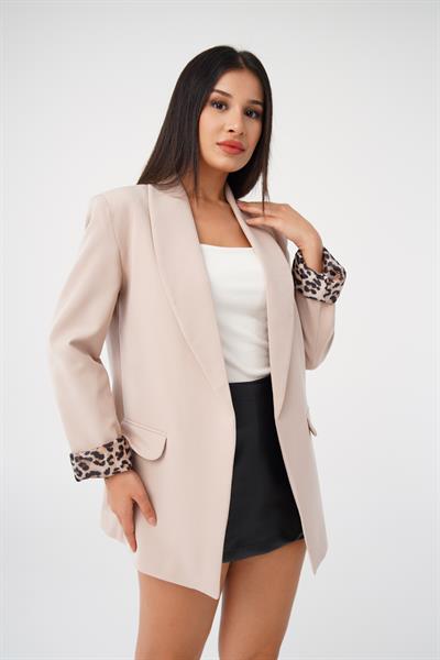 Leopar Astarlı Bej Blazer Ceket