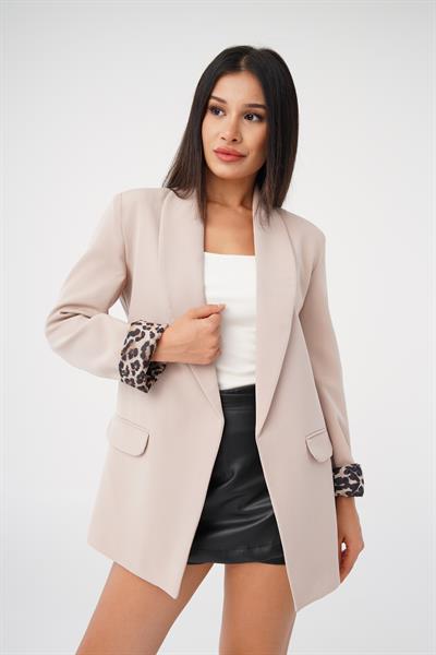 Leopar Astarlı Bej Blazer Ceket