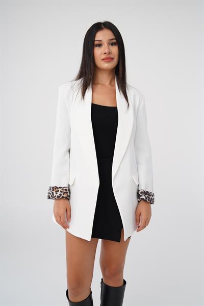 Leopar Astarlı Beyaz Blazer Ceket