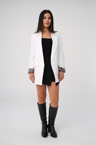 Leopar Astarlı Beyaz Blazer Ceket