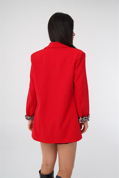 Leopar Astarlı Kırmızı Blazer Ceket