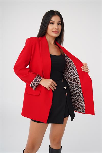 Leopar Astarlı Kırmızı Blazer Ceket