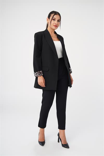 Leopar Astarlı Siyah Blazer Ceket