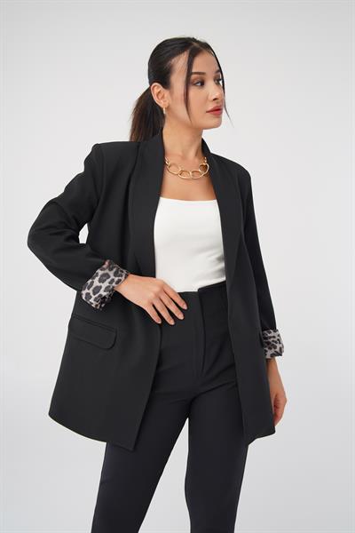 Leopar Astarlı Siyah Blazer Ceket